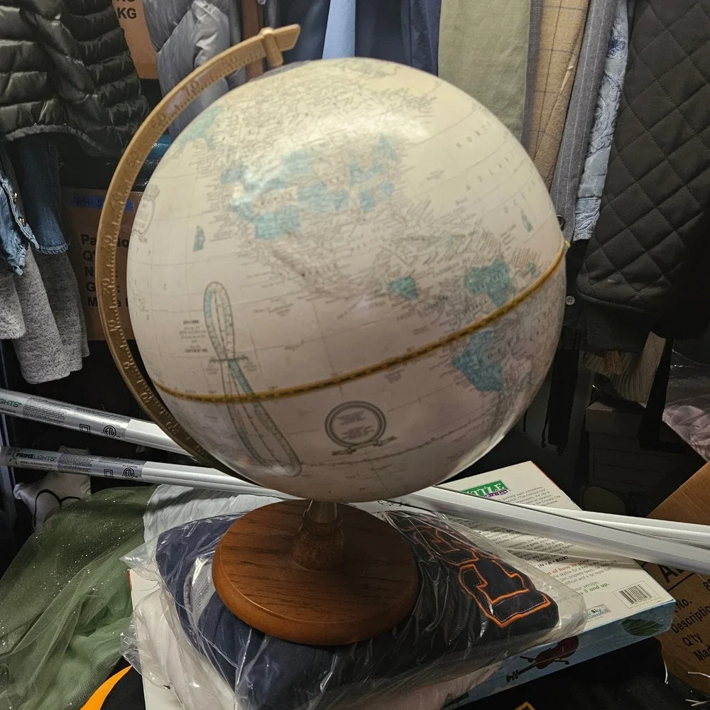 Crams Imperial World Globe Vintage Cream Map Wood Base Brass Meridian USA - Picture 8 of 8